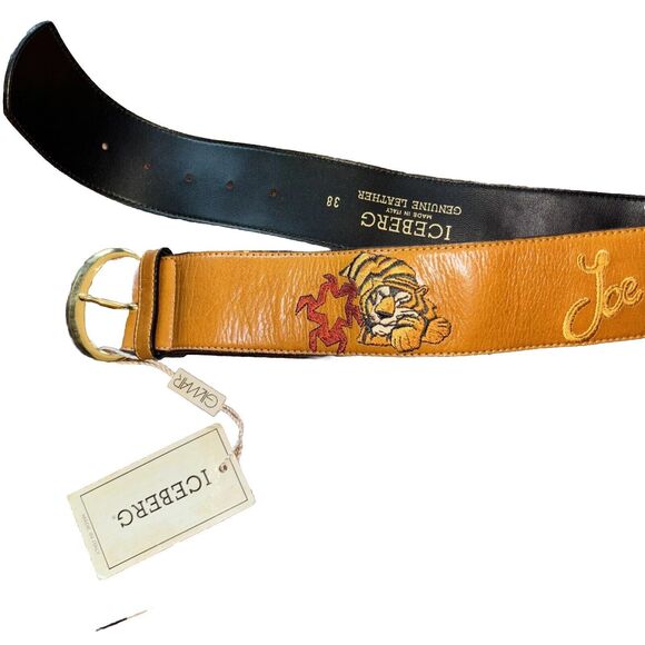 Gilmar Iceberg Belt Embroidered Tigers Leather Light Brown NEW 38” Made In Italy - Picture 1 of 6